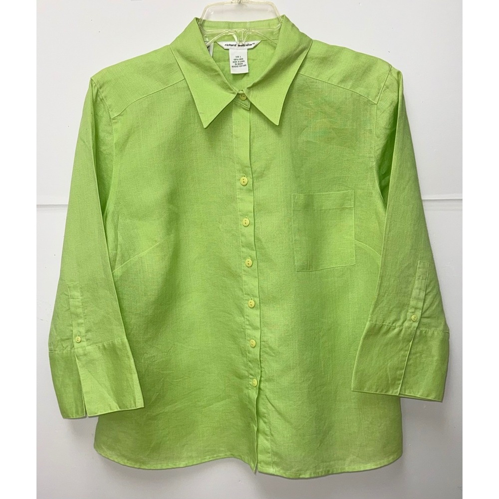 Richard Malcolm Irish Linen Peplum Shirt Women L Green 3/4 Sleeve  Preppy Office